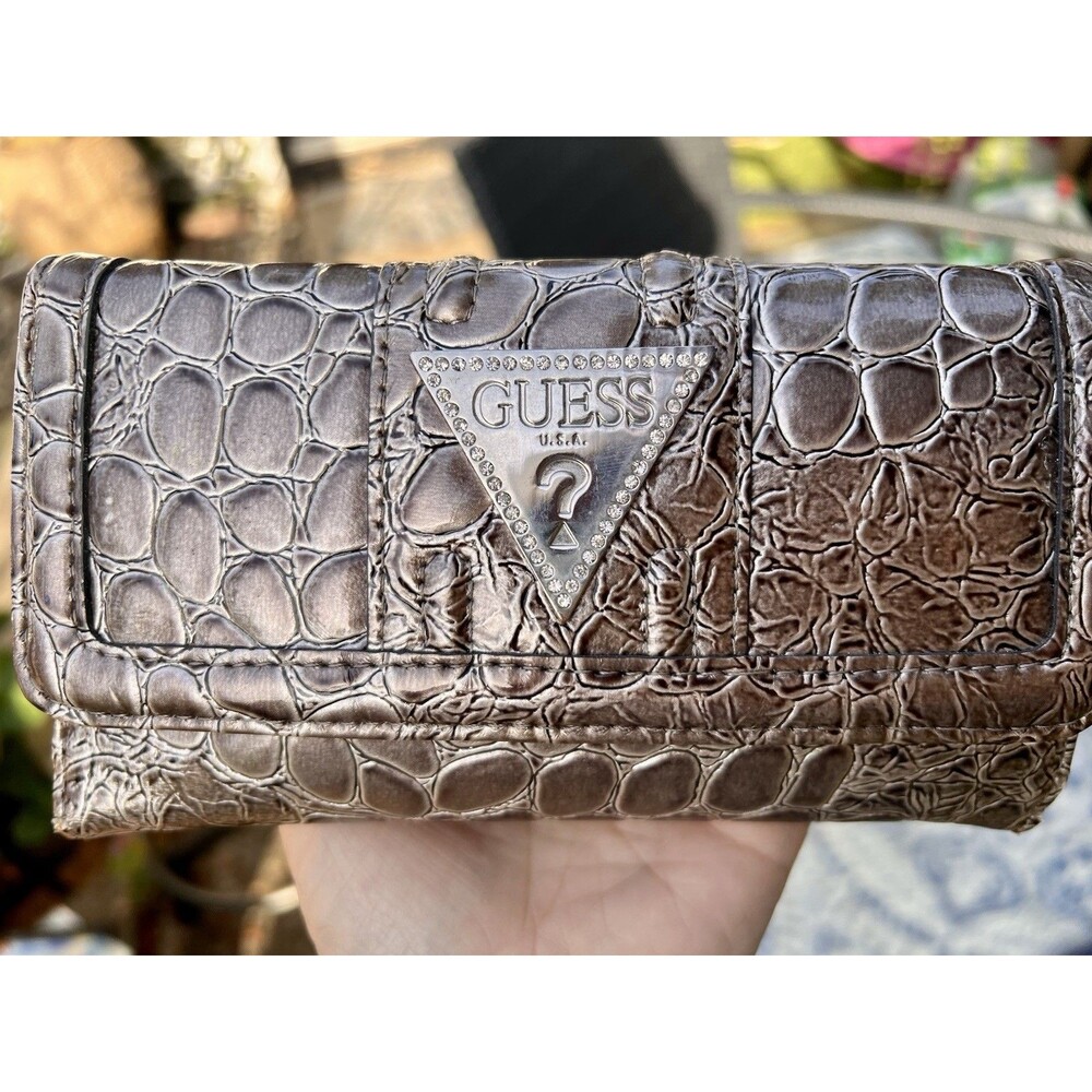 Y2K GUESS Brown Croc Embossed Rhinestone Triangle Logo Wallet Clutch